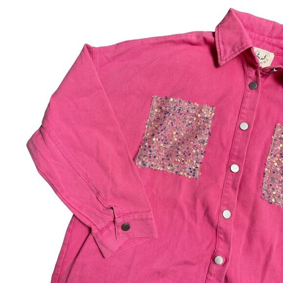 Fantastic Fawn Med Pink Denim Cowgirl Sequin Button Down‎ Raw Hem Barbie Jacket - Picture 2 of 12